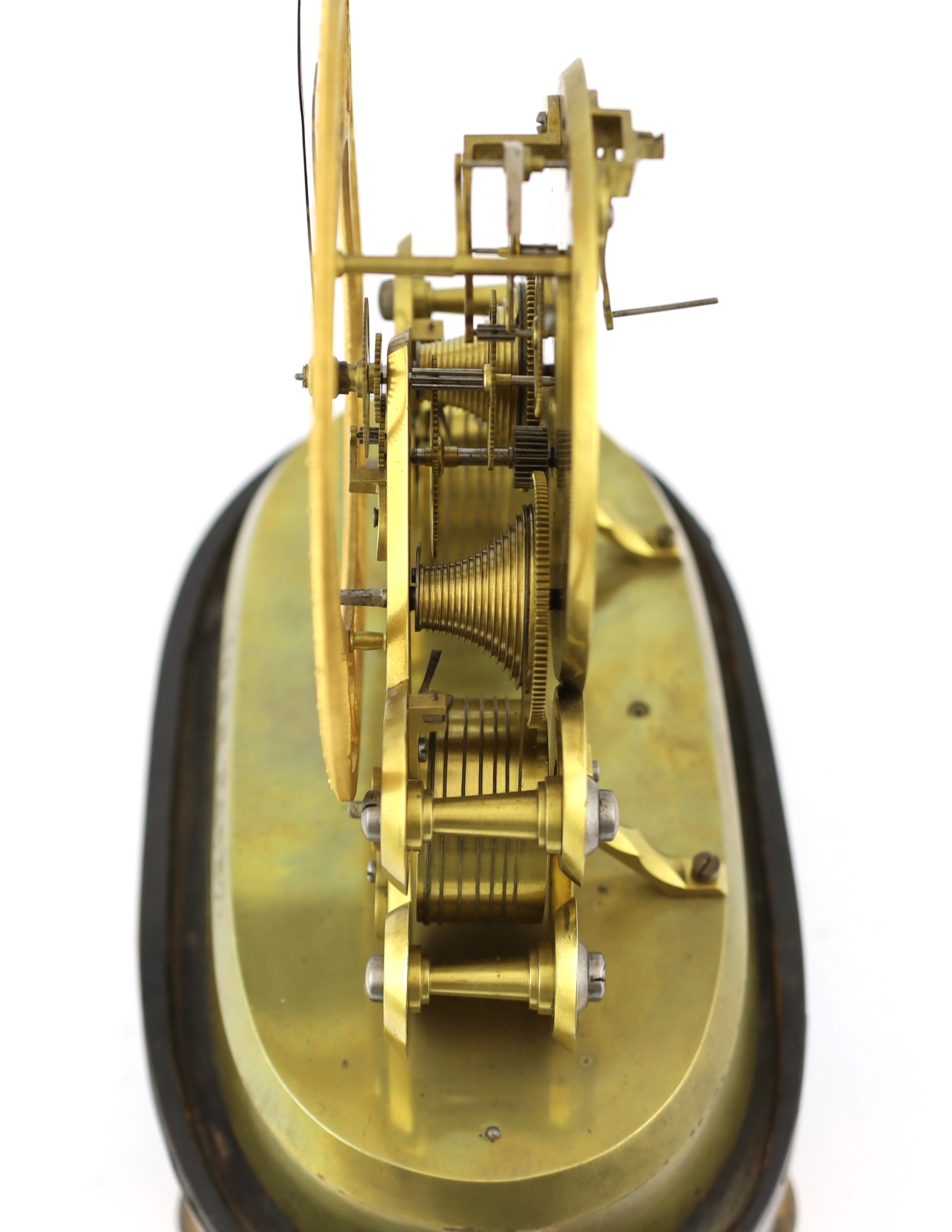 John Pace, Bury St. Edmunds, c.1850, a rare mid 19th century eight day skeleton timepiece, 28cm wide, 17cm deep, 33cm high incl. dome